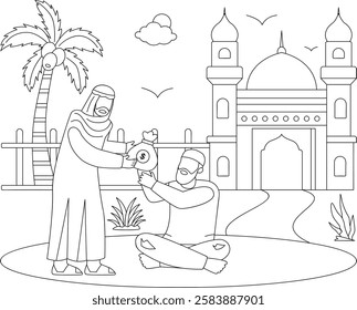 Almsgiving or Fitrana right before eid Prayer vector icon design, ramadan and al-Fitr outline, Muslim fasting month sketch, Arabic holidays illustration, Money bag handed over to Needy Brother concept