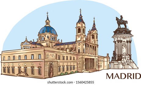 Almudena Cathedral and buen retiro park  vector illustration