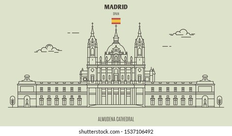 Almudena Cathedral in Madrid, Spain. Landmark icon in linear style