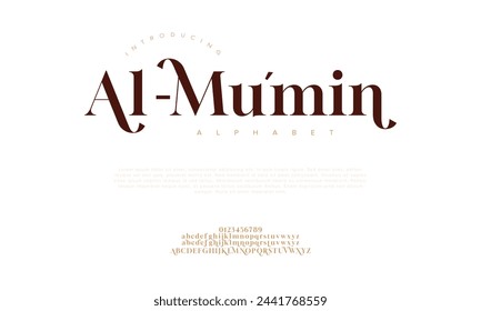 Letras y números del alfabeto árabe de lujo Almu'min. Elegante tipografía islámica ramadán boda serif fuente decorativa vintage. Ilustración vectorial creativa