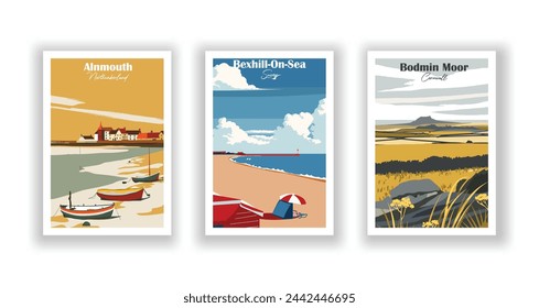 Alnmouth, Northumberland. Bexhill-On-Sea, Sussex. Bodmin Moor, Cornwall - Set of 3 Vintage Travel Posters. Vector illustration. High Quality Prints