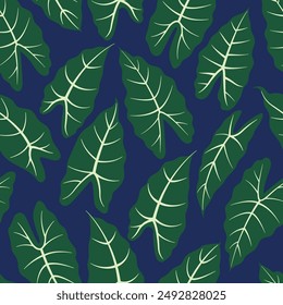 Alocasia leaves seamless pattern. Exotic houseplant leaves on blue background. Abstract hand-drawn botanical pattern for packaging, textile or wallpaper. Flat vector illustration.