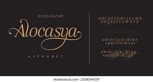 Alocasya typography beauty fashion elegant minimalist serif italic fonts decorative wedding vintage retro logos. Minimal luxury font alphabet logo. Vector illustration