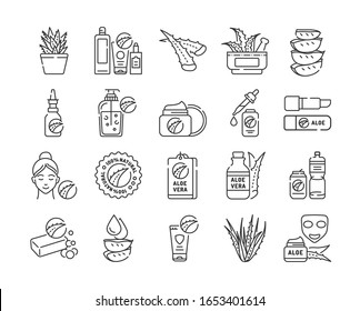 Aloe black line icons set. Care products with aloe extract for face and body. Skincare. Cosmetics. Pictogram for web page, mobile app, promo. UI UX GUI design element. Editable stroke.