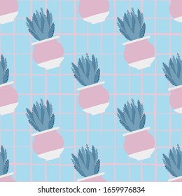 Aloe cactus in pot seamless pattern on stripes background. Houseplant cacti wallpaper. Design for fabric, textile print, wrapping paper, kitchen textiles. Vector illustration.