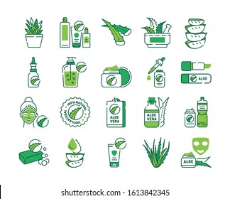 Aloe color line icons set. Care products with aloe extract for face and body. Slincare. Cosmetics. Pictogram for web page, mobile app, promo. UI UX GUI design element. Editable stroke.