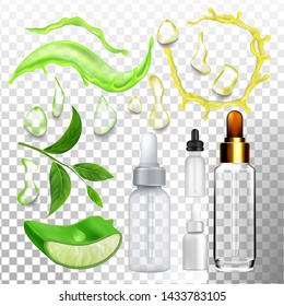 Aloe Drop Essence And Empty Bottle Set Vector. Blank Container For Liquid With Pipette, Plant Leaf Element And Essence. Vitamin Gel For Skin On Transparency Grid Background. Realistic 3d Illustration