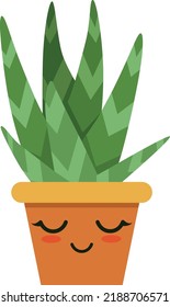 Aloe flowerpot with happy face. Kawaii smile houseplant