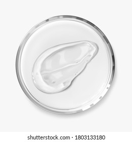 Aloe gel smear in petri dish isolated realistic vector illustration. Smudge of transparent clear facial cleanser, peeling, shampoo or shower gel, top view