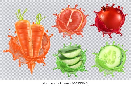 Aloe juice, carrots, grapefruit, pomegranate, cucumber. Health and care. 3d vector icon set