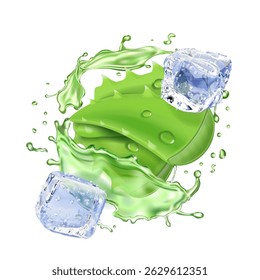 Aloe juice, aloe vera leaves and juice splash with ice cubes. Refreshing moisturizing lotion. Spa herb Health and care 3d vector icon isolated on white