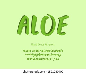 Aloe paint brush vector alphabet set. Uppercase and lowercase letters, numbers. Modern 3D font, aloe green colors