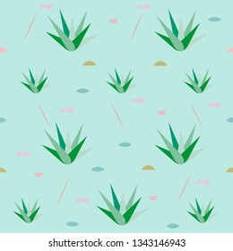 Aloe, aloe plants or succulent plants and grass stalks, in sand by the seaside. With geometric elements and stylized shells. A stylized, seamless vector pattern or illustration on turquoise background