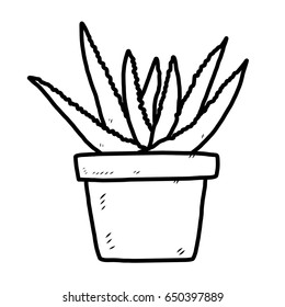 aloe pot / cartoon vector and illustration, black and white, hand drawn, sketch style, isolated on white background.