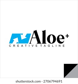 VECTOR de texto ALOE en forma moderna de signo y flecha, diseño de logotipo de producto de salud herbal o agrícola.