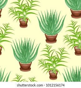 Aloe tree and aloe vera in pots on a green background. Seamless pattern. Suitable for wallpaper and as a background for gift wrapping. Creates a cheerful mood. Vector illustration.