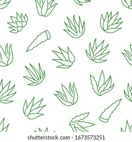 Aloe vera background, agave plant seamless pattern. Succulent wallpaper with line icons of aloevera leaves. Herbal medicine vector illustration green white color.