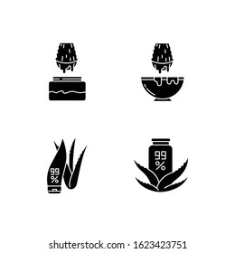 Aloe vera black glyph icons set on white space. Juice from cut succulent leaf. Liquid from sliced cactus thorn. Pure plant based cosmetic products. Silhouette symbols. Vector isolated illustration