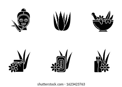 Aloe vera black glyph icons set on white space. Facial mask. Spa treatment. Medicinal herbs for dermatology. Cosmetic spray, plant based soap. Silhouette symbols. Vector isolated illustration
