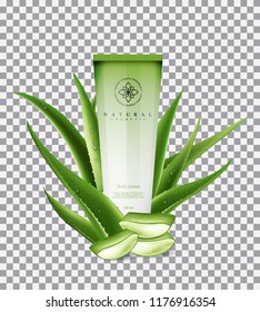 Aloe vera body cream, with cosmetic bottle and aloe vera medicinal plant and it's sections with fresh drops of water in 3D. Isolated vector illustration