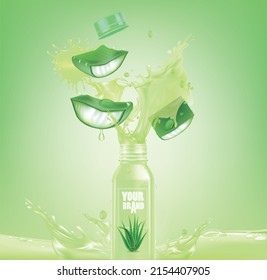Aloe vera bottle design with aloe vera juice splashes.illustration vector
