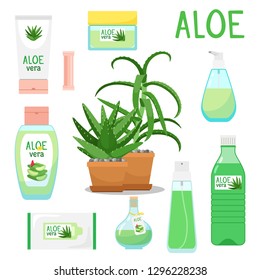 Aloe vera. Cartoon aloe vera products and cosmetic, plant in pot and juice and herb beauty product packaging for skin care, vector illustration