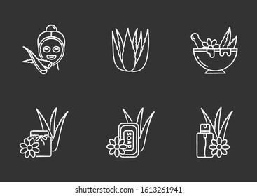 Aloe vera chalk white icons set on black background. Moisturizing mask. Spa treatment. Medicinal herbs for dermatology. Cosmetic spray, plant based soap. Isolated vector chalkboard illustrations