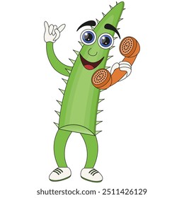 Aloe Vera character isolated transparent background. Cute Aloe mascot with phone handset. Flat style vector illustration can used social media web beauty design template. EPS 10