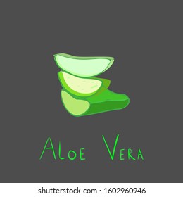 Aloe vera chopped fresh green peaces with hand drawn green text aloe vera on grey background. isolated colorful vector illustration