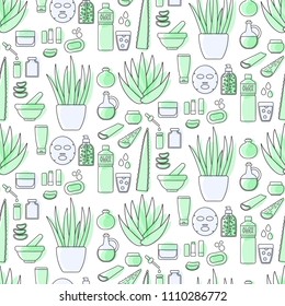 Aloe vera cosmetic products flat seamless pattern, outline icon set arranged on the white background, vector illustration