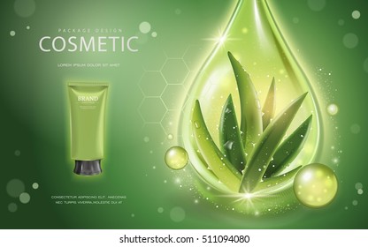 Aloe vera cosmetic template, 3D illustration cosmetic mockup with ingredients aloe vera and sparkling oil drop on the green background