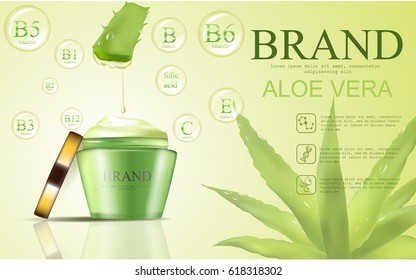 Aloe vera cosmetic template, vector realistic illustration cosmetic container with ingredients aloe vera in the water drop