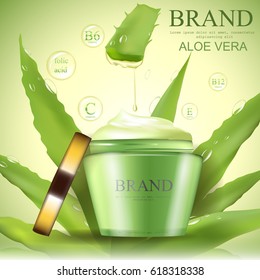Aloe vera cosmetic template, vector realistic illustration cosmetic container with ingredients aloe vera in the water drop