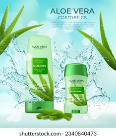 Cosméticos de Aloe vera. Botellas de desodorante y champú con salpicaduras de agua. Pancarta de anuncios vectoriales realistas con productos de belleza y cuidado de la piel de hierbas. Tubos cosméticos de verano con salpicadura de plantas y refrescos líquidos