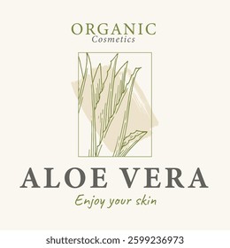 Aloe vera cosmetics label card design template concept. Natural cosmetics ingredient. Hand drawn ink sketch plant from package design. Ecology concept in beauty industry.