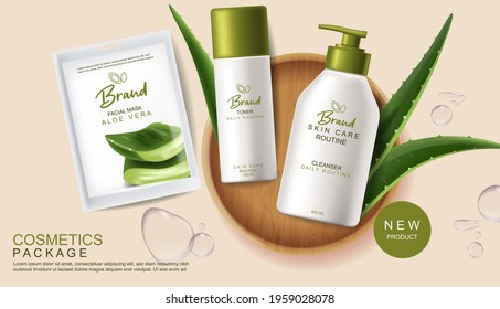 Aloe Vera cosmetics Vector realistic. Face mask and hydration cream products placement mock up bottles. Packaging design label lotions. Splash water drops background