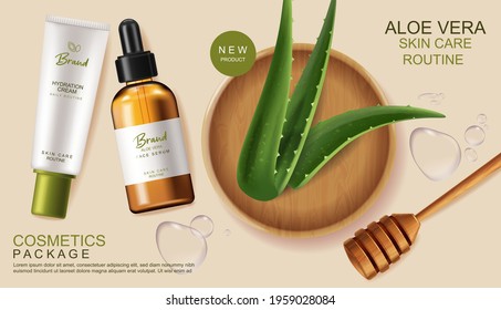 Aloe Vera cosmetics Vector realistic. Serum and cream product placement mock up bottles. Packaging design label lotions. Splash water drops background