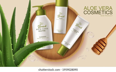 Aloe Vera cosmetics Vector realistic. Hydration cream products placement mock up bottles. Packaging design label lotions. Splash water drops background