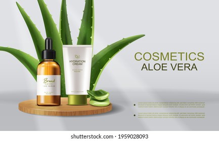 Aloe Vera cosmetics Vector realistic. Serum and cream product placement mock up bottles. Packaging design label lotions