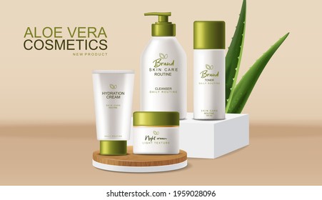 Aloe Vera cosmetics Vector realistic. Cream product placement mock up bottles. Packaging design label lotions