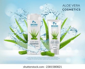 Cosméticos de Aloe vera. salpicaduras de agua, champú, botellas de hojas y crema, belleza y productos de hierbas. Paquetes vectoriales 3d de cosméticos de la piel y el cuidado del pelo, hojas verdes de plantas de alote con gotas realistas