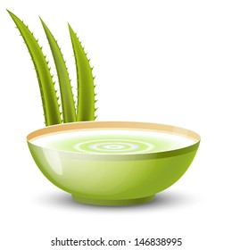 Aloe vera cream in a green bowl with leaves behind