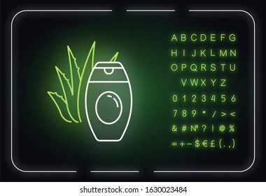 Aloe vera cream neon light icon. Plant based lotion. Skincare treatment with medicinal herbs. Outer glowing effect. Sign with alphabet, numbers and symbols. Vector isolated RGB color illustration