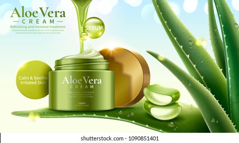 Crema Aloe Vera sobre hojas suculentas refrescantes en 3d ilustración, fondo de bokeh brillante