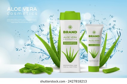 Aloe vera cream and shampoo cosmetics package, water splash and green plant leaves. Vector ad banner with realistic plant, promoting skin and hair health. Natural beauty product for radiant appearance