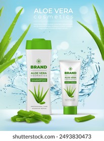 Aloe Vera Creme und Shampoo Kosmetikflasche und Tube mit Wasserspritzer und grünen Pflanzenblättern. Vektorgrafik Ads Banner mit realistischen natürlichen Schönheitsproduktpaketen, die die Haut- und Haargesundheit fördern