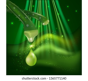 Aloe vera cream and spray with splashing liquid through leaves on bokeh glitter background