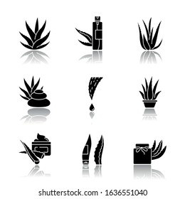 Aloe vera drop shadow black glyph icons set. Organic cosmetical spray. Spa treatment with medicinal herbs. Plant sprouts. Potted houseplant. Cream, wax. Isolated vector illustrations on white space