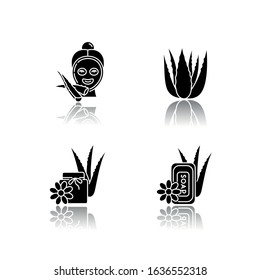 Aloe vera drop shadow black glyph icons set. Female facial mask. Spa treatment. Medicinal plant sprouts. Bathing products. Dermatology and cosmetic. Isolated vector illustrations on white space