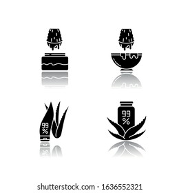 Aloe vera drop shadow black glyph icons set. Juice from cut succulent leaf. Liquid from sliced cactus thorn. Pure plant based cosmetic products. Isolated vector illustrations on white space